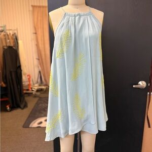 Light Blue Sleeveless Mini Dress with Yellow Leaf Design